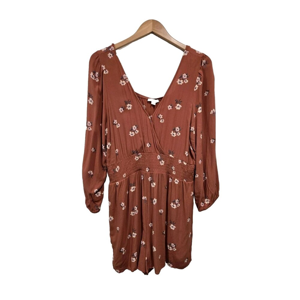 American Eagle Woman's XL Orange Long Sleeve Floral Romper‎ Shorts Jumpsuit